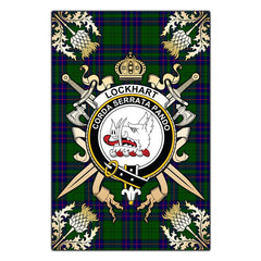 Clan Lockhart Modern Tartan Crest Black Garden Flag  - Gold Thistle  BH89 Clan Lockhart Tartan Today   