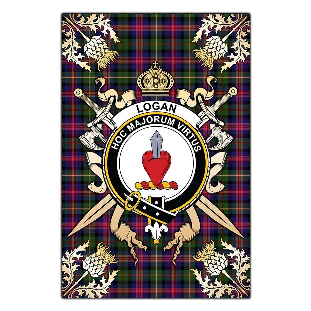Clan Logan Modern Tartan Crest Black Garden Flag  - Gold Thistle  LW77 Clan Logan Tartan Today   