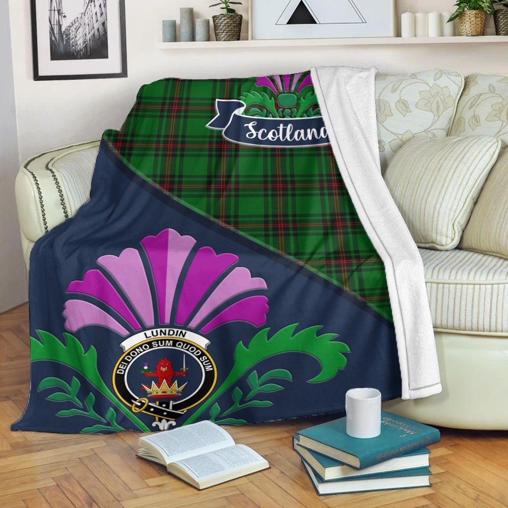 Clan Lundin Tartan Crest Premium Blanket Thistle Style XH66 Clan Lundin Tartan Today   