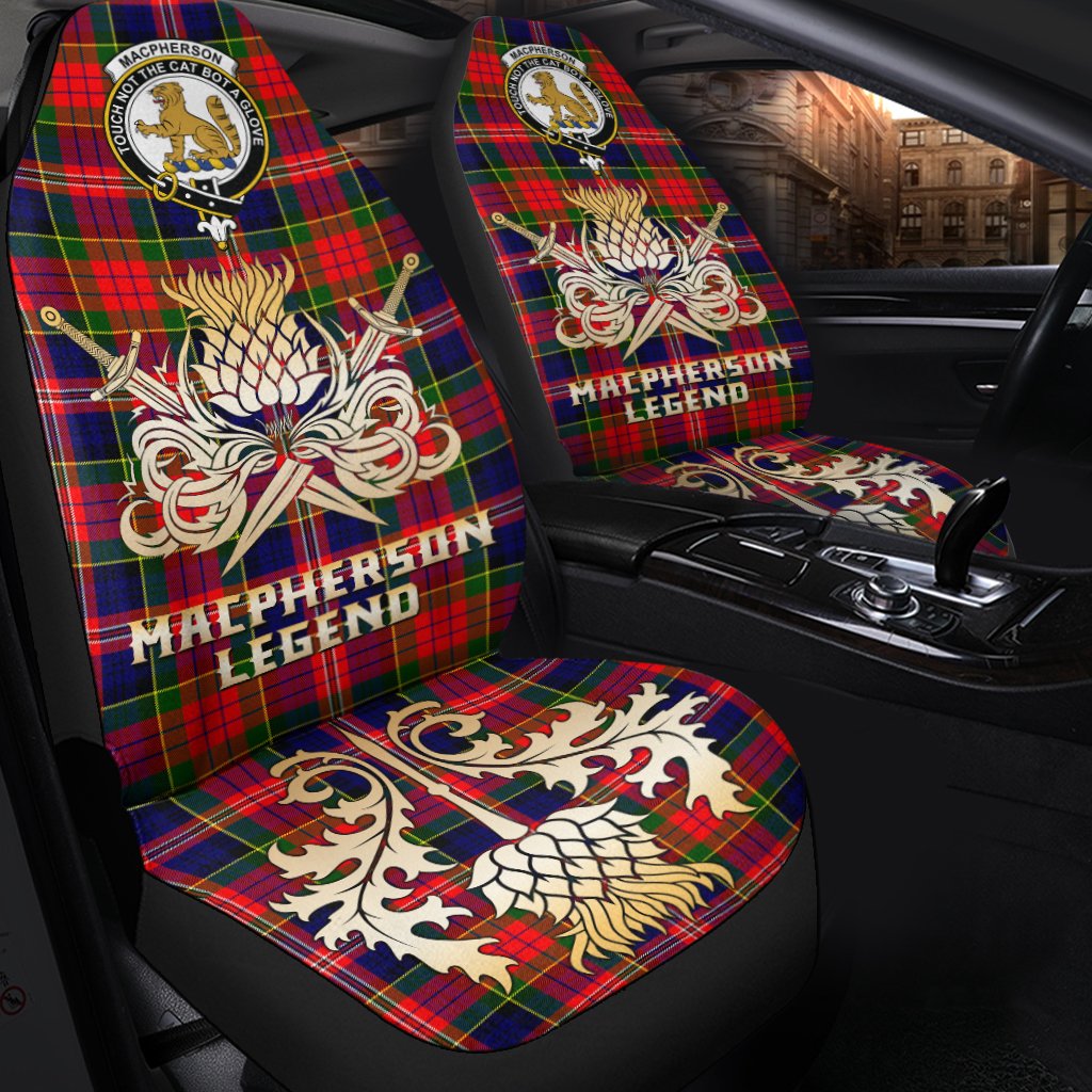 Clan MacPherson Modern Tartan Crest Car Seat Cover  - Gold Thistle Courage Symbol StyleXI69 Clan MacPherson Tartan Today   