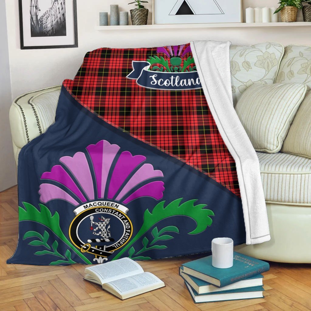 Clan MacQueen Tartan Crest Premium Blanket Thistle Style LF81 Clan MacQueen Tartan Today   