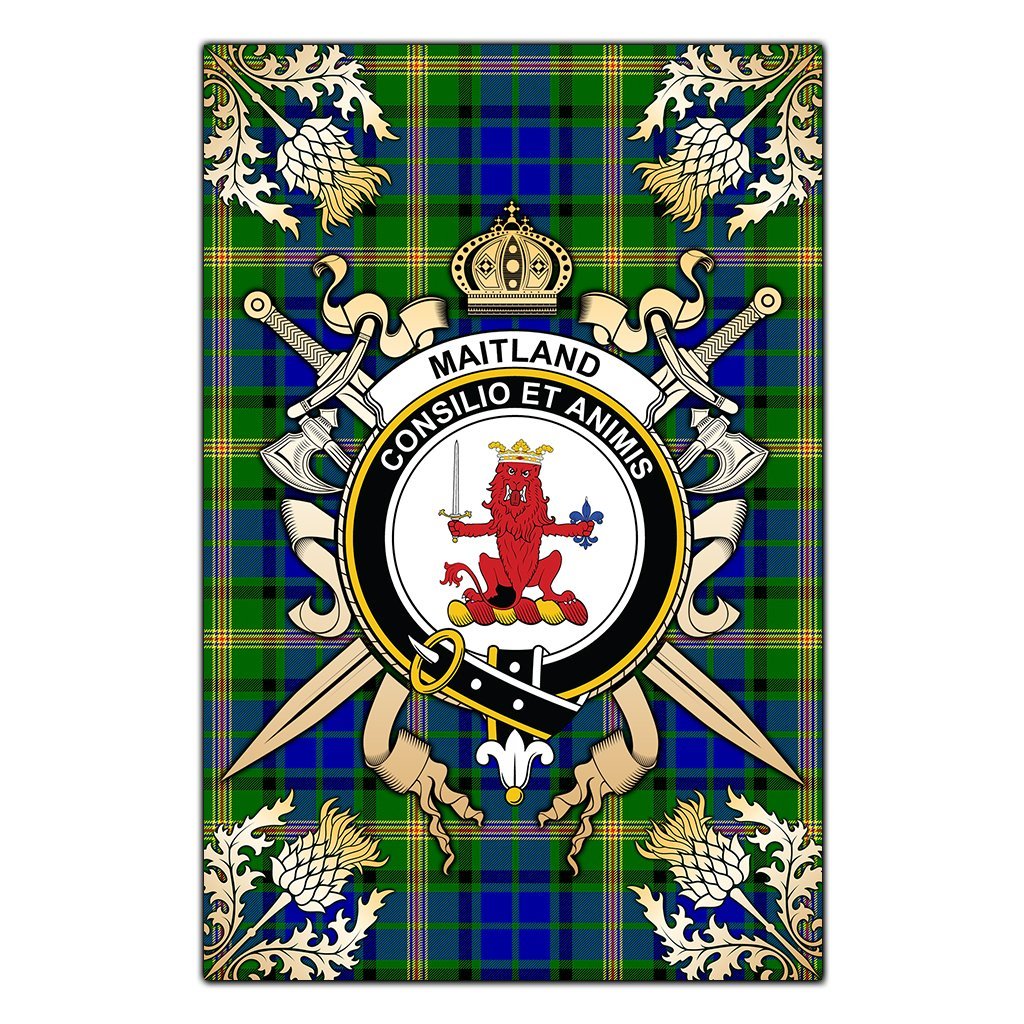 Clan Maitland Tartan Crest Black Garden Flag  - Gold Thistle  PF47 Clan Maitland Tartan Today   