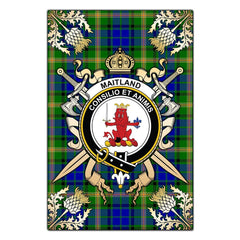 Clan Maitland Tartan Crest Black Garden Flag  - Gold Thistle  PF47 Clan Maitland Tartan Today   