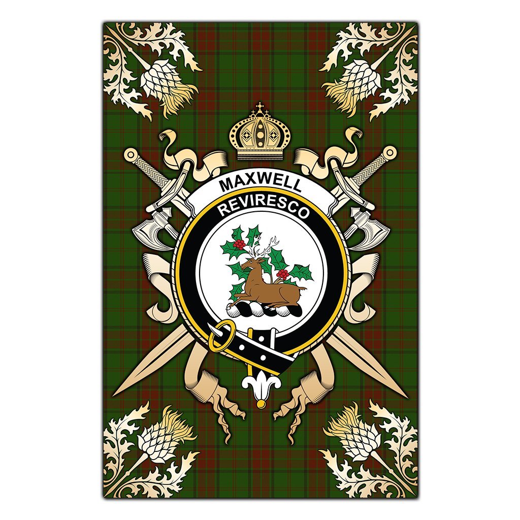 Clan Maxwell Hunting Tartan Crest Black Garden Flag  - Gold Thistle  IG42 Clan Maxwell Tartan Today   