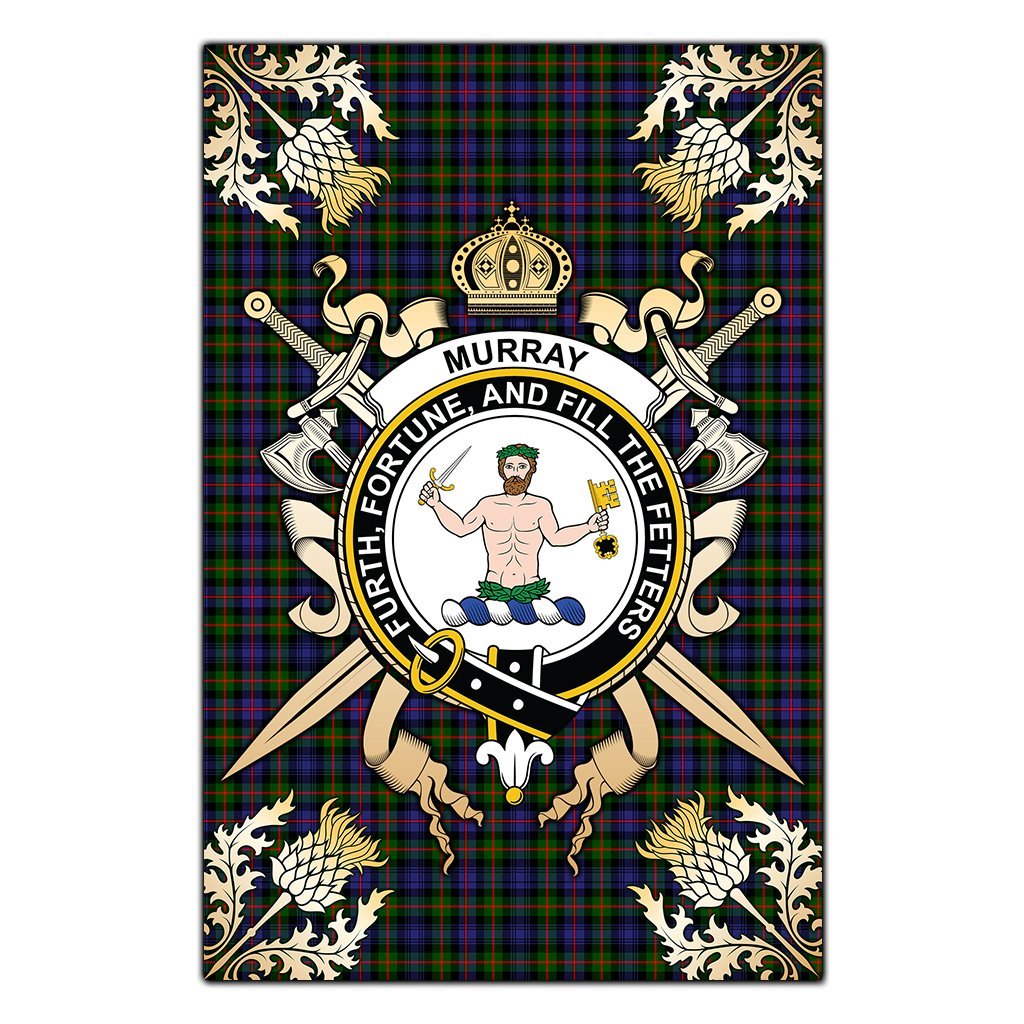 Clan Murray of Atholl Modern Tartan Crest Black Garden Flag  - Gold Thistle  GY24 Clan Murray Tartan Today   