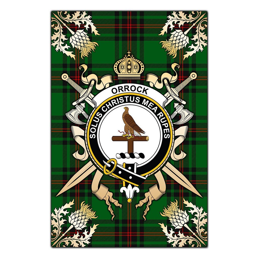 Clan Orrock Tartan Crest Black Garden Flag  - Gold Thistle  IN96 Clan Orrock Tartan Today   