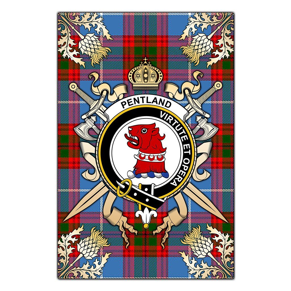 Clan Pentland Tartan Crest Black Garden Flag  - Gold Thistle  KS66 Clan Pentland Tartan Today   