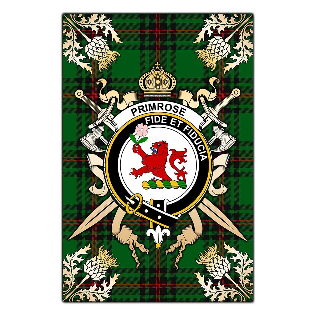 Clan Clan Primrose Tartan Crest Black Garden Flag  - Gold Thistle  NC81 Clan Primrose Tartan Today   