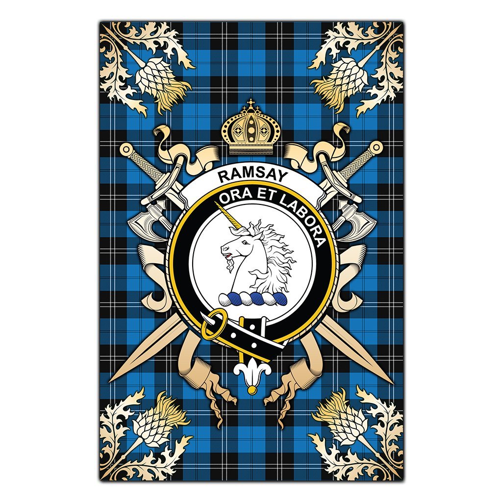 Clan Ramsay Blue Ancient Tartan Crest Black Garden Flag  - Gold Thistle  HW20 Clan Ramsay Tartan Today   