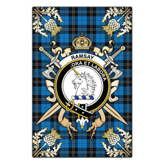 Clan Ramsay Blue Ancient Tartan Crest Black Garden Flag  - Gold Thistle  HW20 Clan Ramsay Tartan Today   