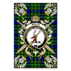 Clan Rollo Modern Tartan Crest Black Garden Flag  - Gold Thistle  UX13 Clan Rollo Tartan Today   