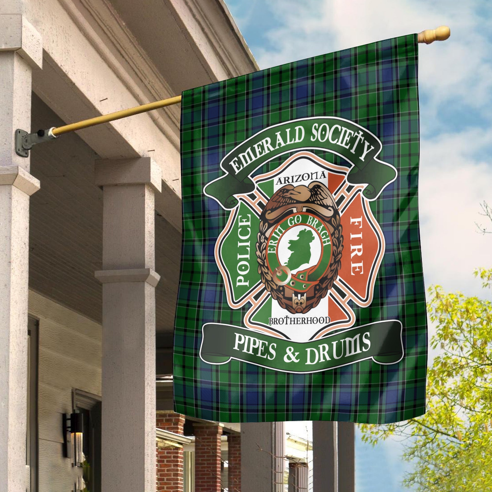 Clan Emerald Society 2 with Logo Tartan Garden Flag FQ89 Clan Garden Tartan Today   