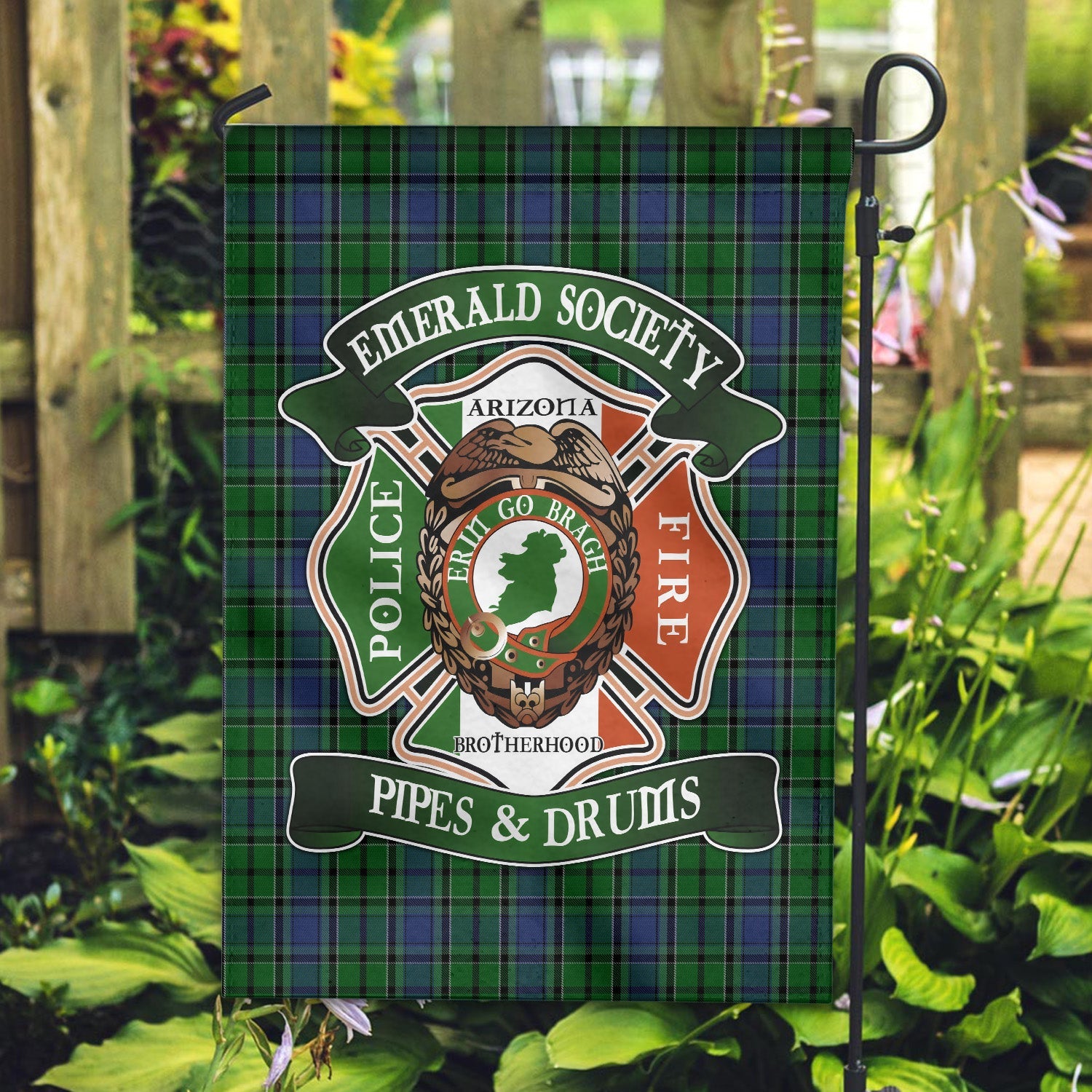 Clan Emerald Society 2 with Logo Tartan Garden Flag FQ89 Clan Garden Tartan Today   