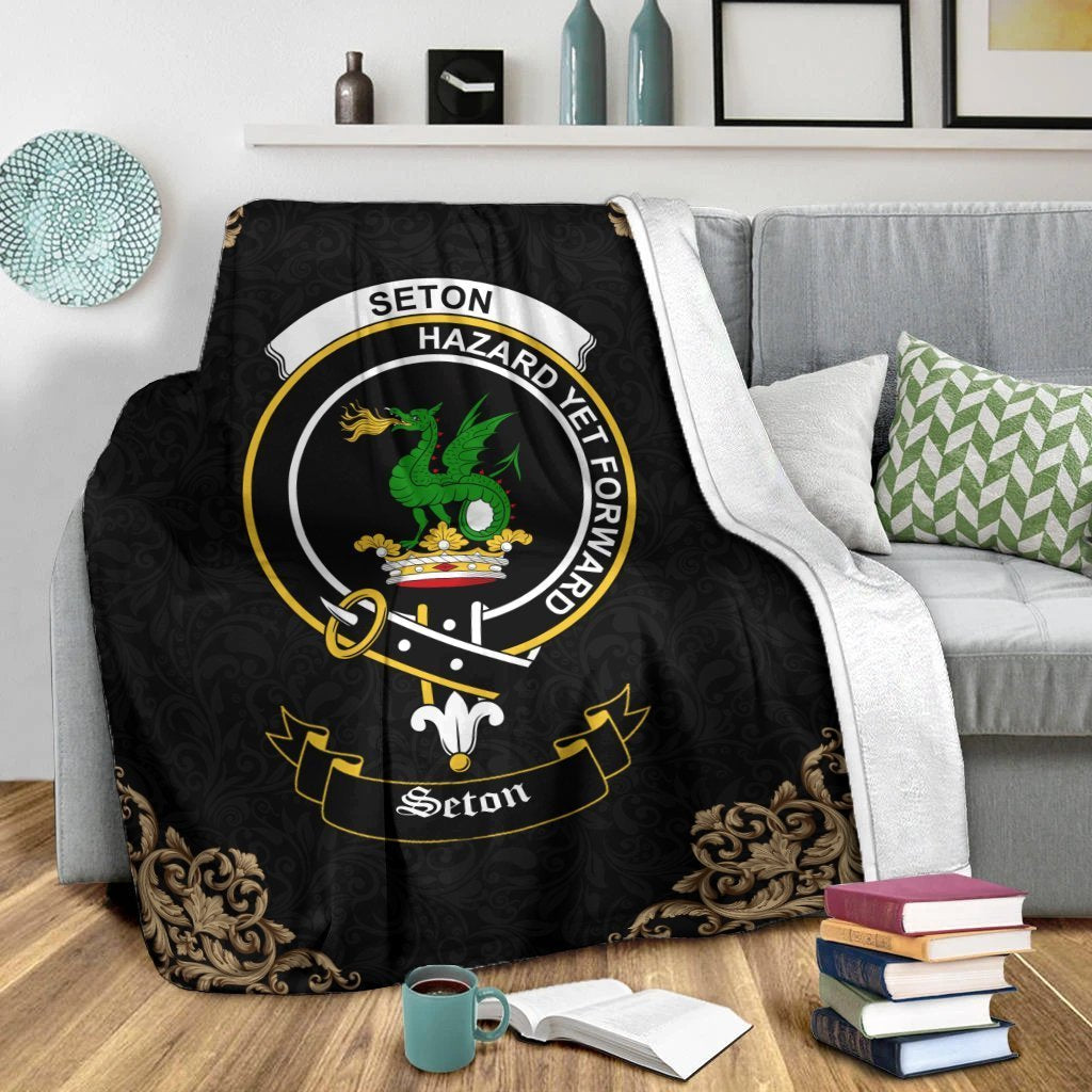 Clan Seton Crest Tartan Premium Blanket Black ZE73 Clan Seton Tartan Today   