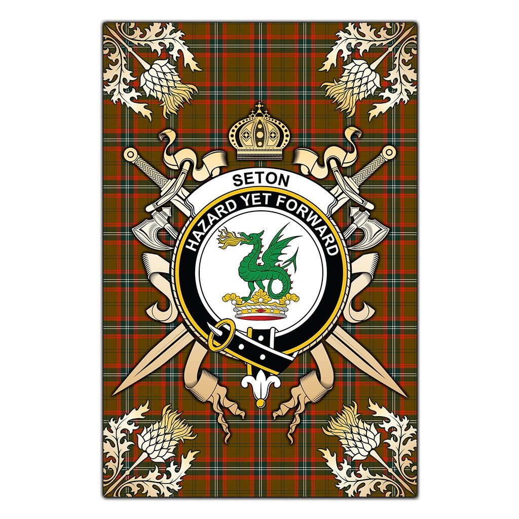 Clan Seton Hunting Modern Tartan Crest Black Garden Flag  - Gold Thistle  KM91 Clan Seton Tartan Today   