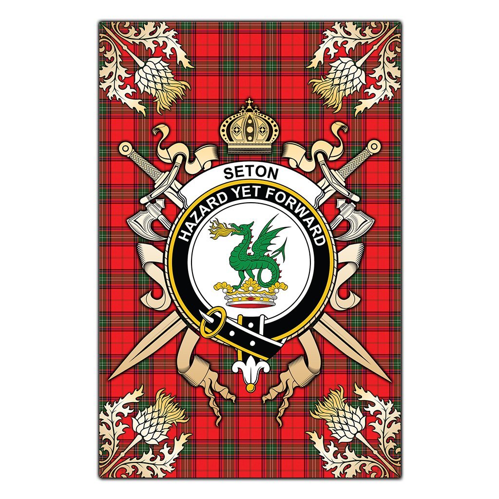 Clan Seton Modern Tartan Crest Black Garden Flag  - Gold Thistle  BM35 Clan Seton Tartan Today   