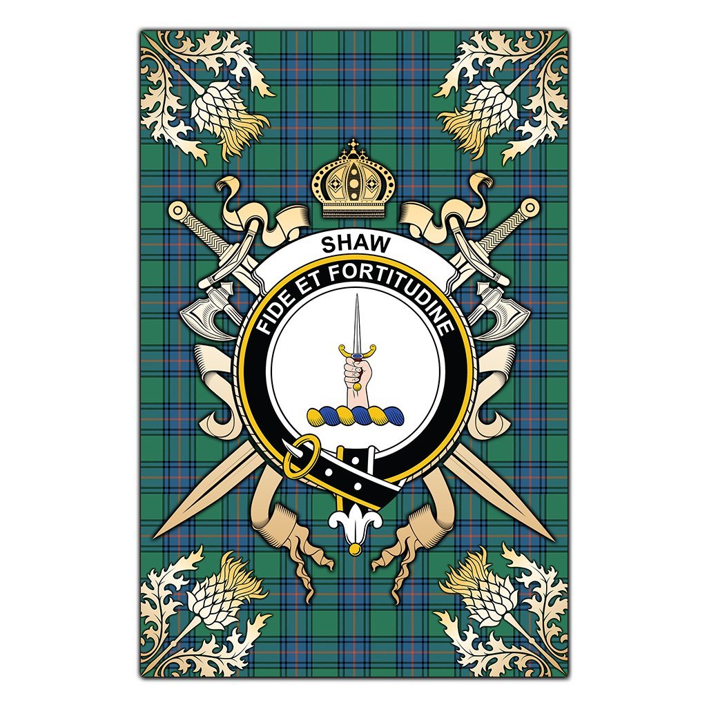 Clan Shaw Ancient Tartan Crest Black Garden Flag  - Gold Thistle  JG76 Clan Shaw Tartan Today   