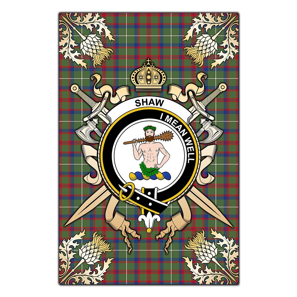 Clan Shaw Green Modern Tartan Crest Black Garden Flag  - Gold Thistle  JO83 Clan Shaw Tartan Today   