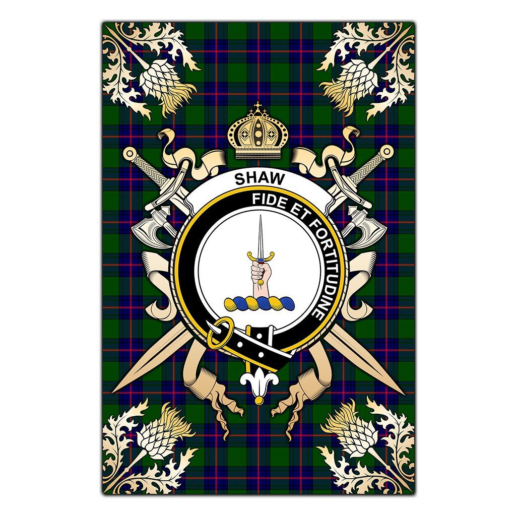 Clan Shaw Modern Tartan Crest Black Garden Flag  - Gold Thistle  PN27 Clan Shaw Tartan Today   