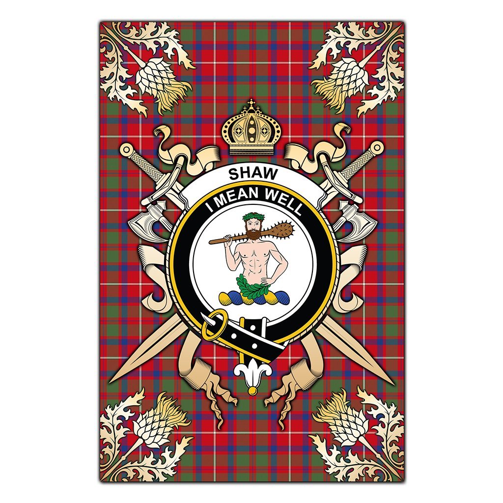 Clan Shaw Red Modern Tartan Crest Black Garden Flag  - Gold Thistle  CR60 Clan Shaw Tartan Today   