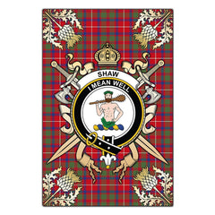 Clan Shaw Red Modern Tartan Crest Black Garden Flag  - Gold Thistle  CR60 Clan Shaw Tartan Today   