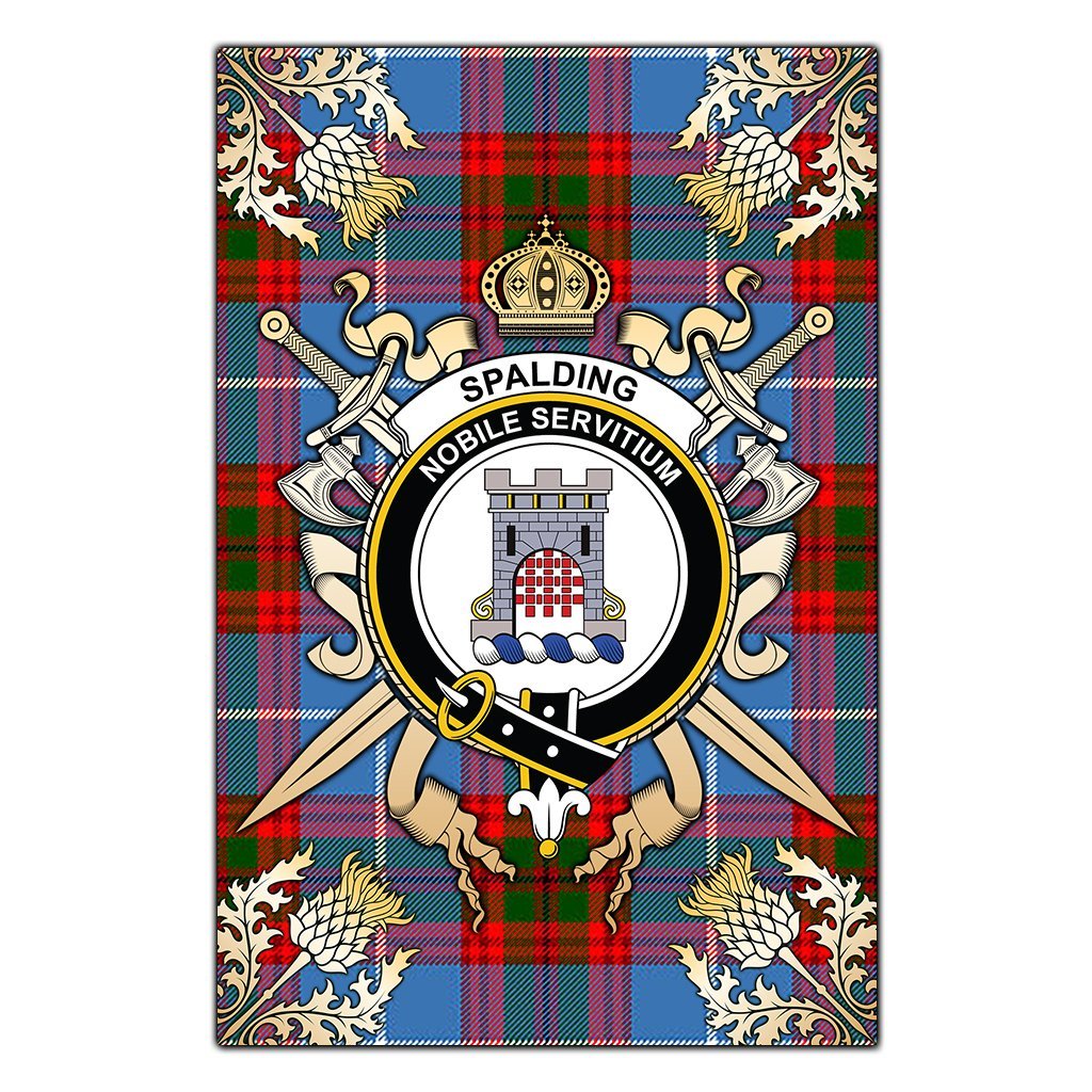 Clan Spalding Tartan Crest Black Garden Flag  - Gold Thistle  DX45 Clan Spalding Tartan Today   