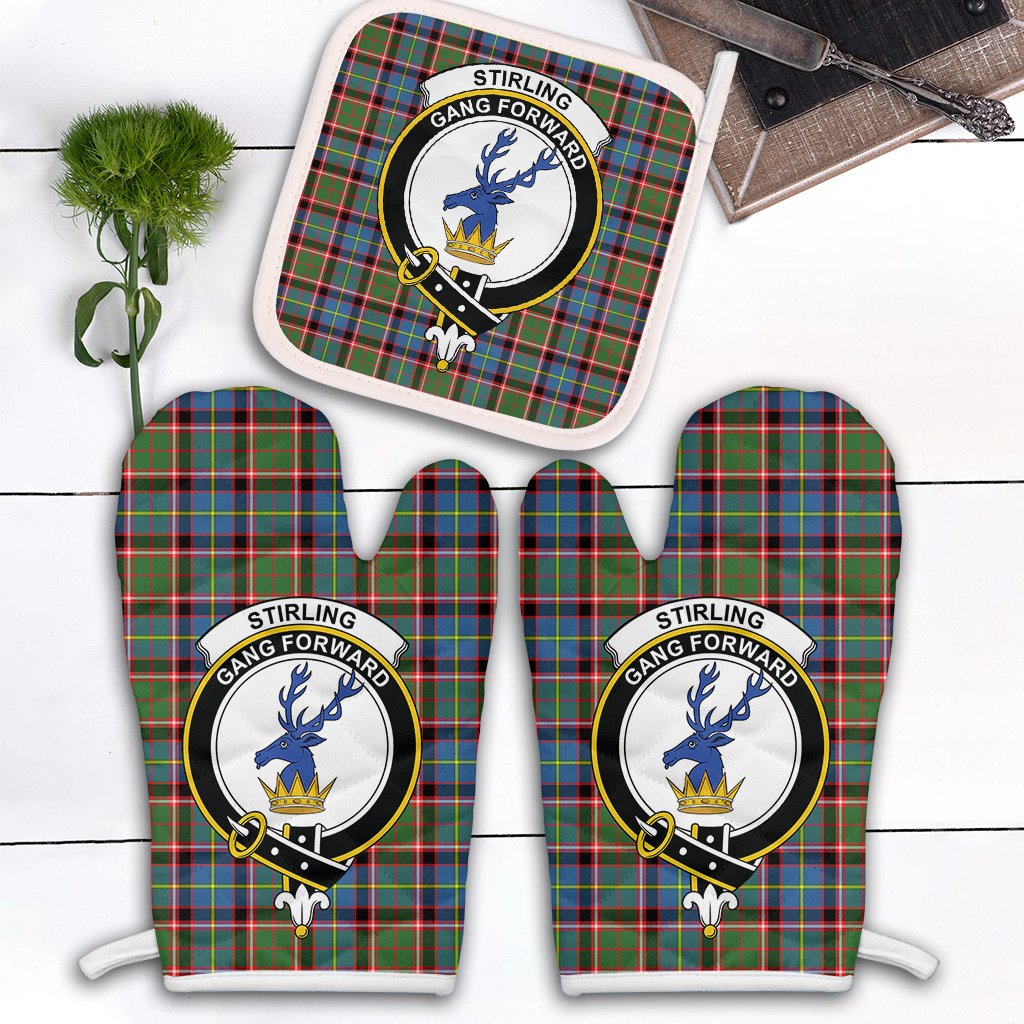 Clan Stirling Bannockburn Tartan Crest Oven Mitt And Pot Holder (2 Oven Mitts + 1 Pot Holder) AQ70 Clan Stirling Tartan Today   