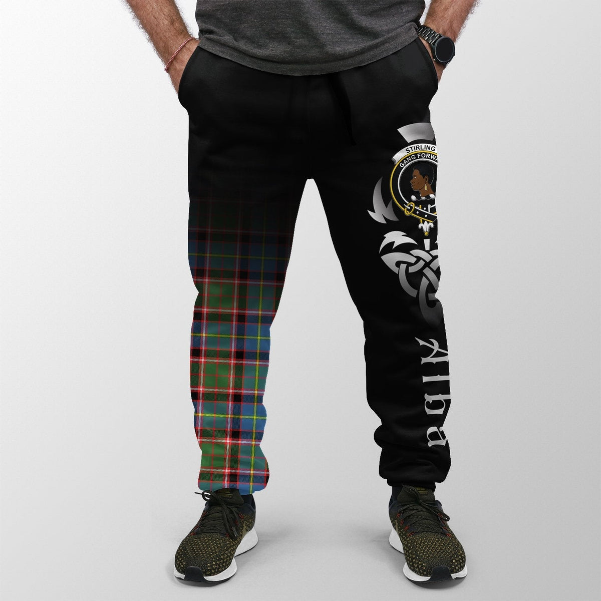 Clan Stirling & Bannockburn District Tartan Crest Jogger Sweatpants  Alba Celtic Style XK42 Clan Stirling Tartan Today   