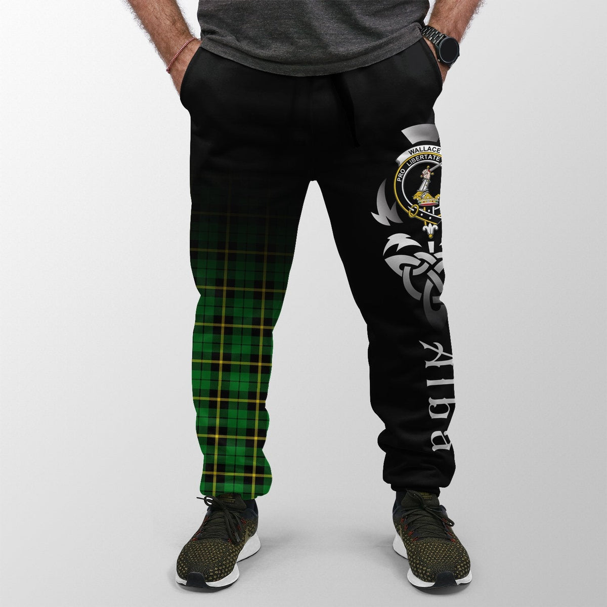 Clan Wallace Hunting - Green Tartan Crest Jogger Sweatpants  Alba Celtic Style WZ80 Clan Wallace Tartan Today   