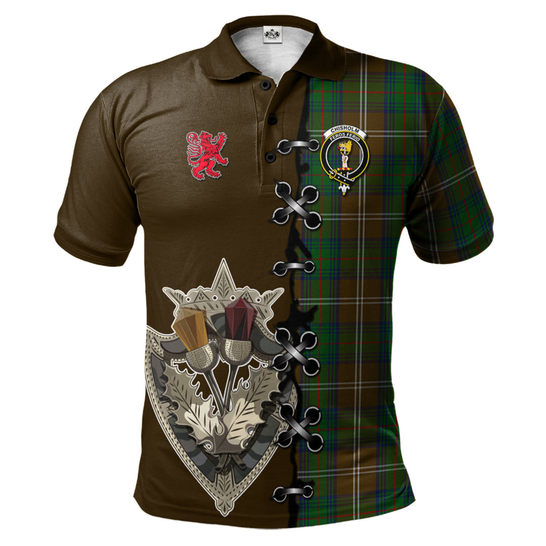 Clan Chisholm Hunting Tartan Polo Shirt - Lion Rampant And Celtic Thistle Style BG74 Chisholm Hunting Tartan Tartan Polo   