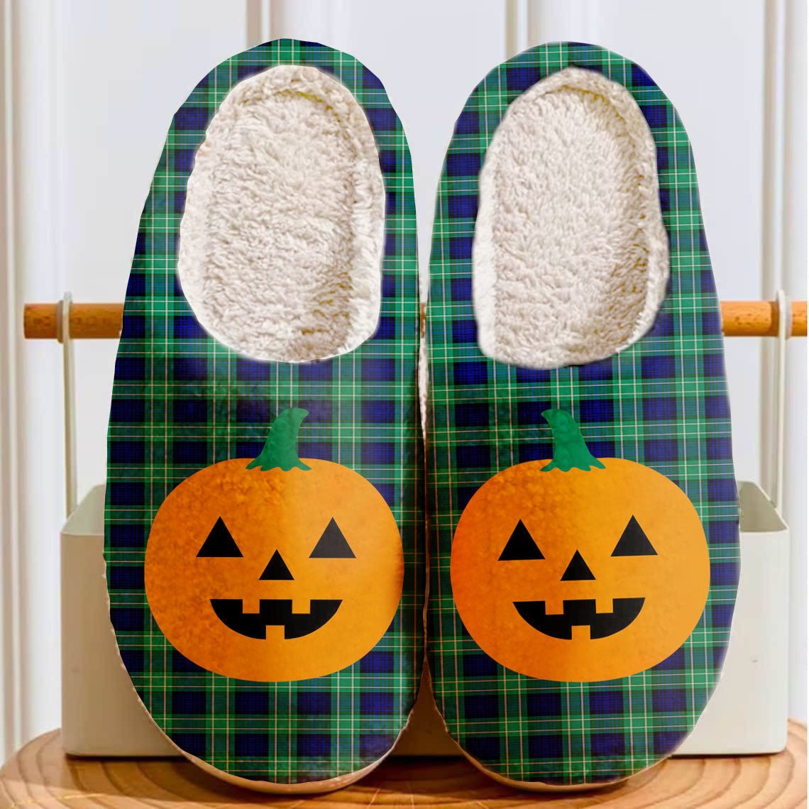 Clan Abercrombie Modern Tartan Halloween Pumpkin Slippers, Fluffy Spooky Slippers IG54 Abercrombie Modern Tartan Tartan Halloween   