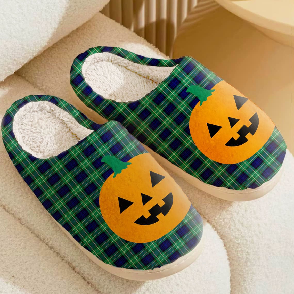 Clan Abercrombie Modern Tartan Halloween Pumpkin Slippers, Fluffy Spooky Slippers IG54 Abercrombie Modern Tartan Tartan Halloween   