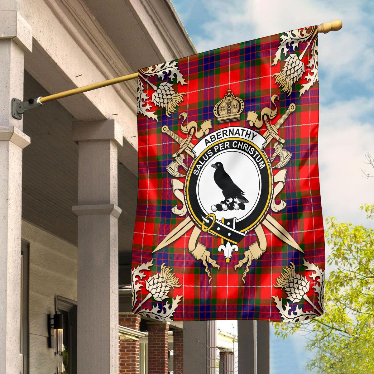 Clan Abernathy Tartan Crest Black Garden Flag  - Gold Thistle  MX97 Clan Abernethy Tartan Today   