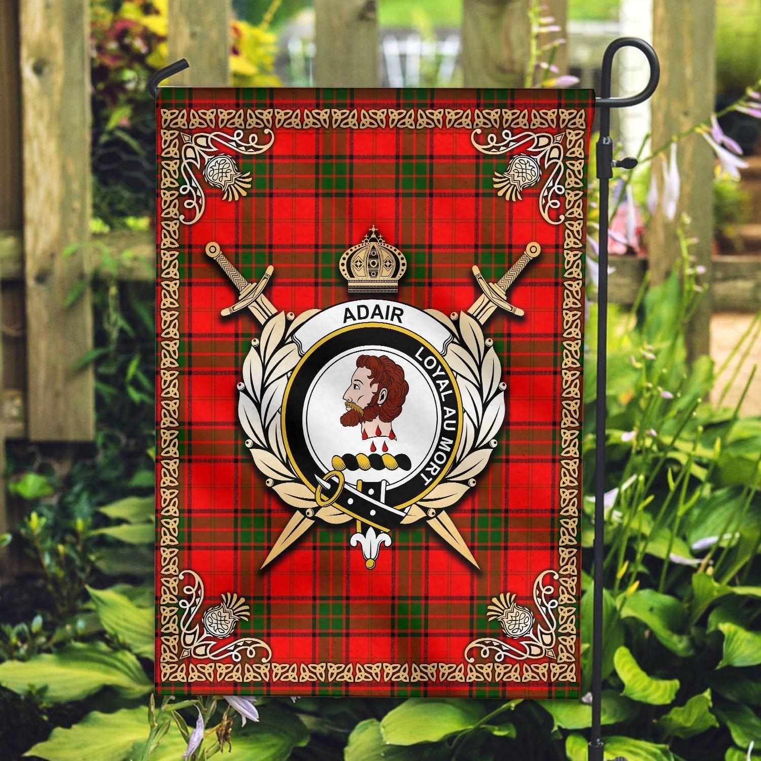 Clan Adair Modern Tartan Crest Garden Flag  - Celtic Thistle  FO22 Clan Adair Tartan Today   