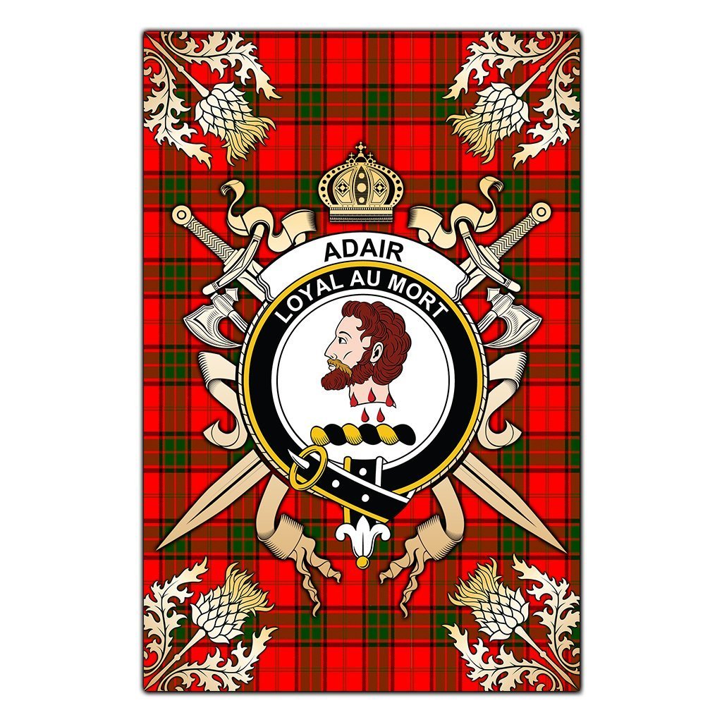 Clan Adair Tartan Crest Black Garden Flag  - Gold Thistle  EB45 Clan Adair Tartan Today   