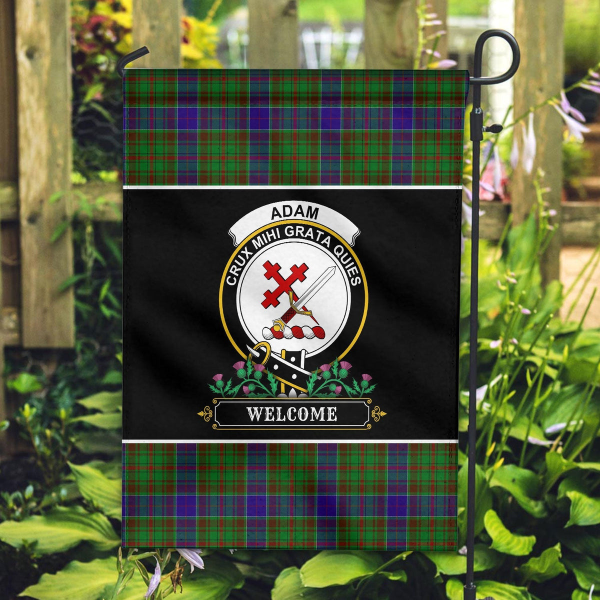 Clan Adam Tartan Crest Garden Flag  - Welcome  KI94 Clan Adam Tartan Today   