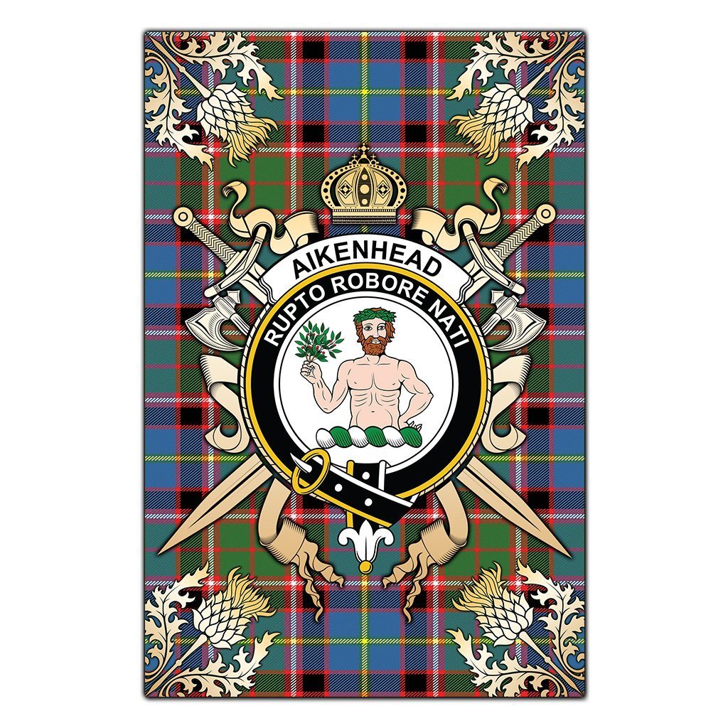 Clan Aikenhead Tartan Crest Black Garden Flag  - Gold Thistle  UM42 Clan Aikenhead Tartan Today   