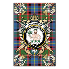 Clan Aikenhead Tartan Crest Black Garden Flag  - Gold Thistle  UM42 Clan Aikenhead Tartan Today   