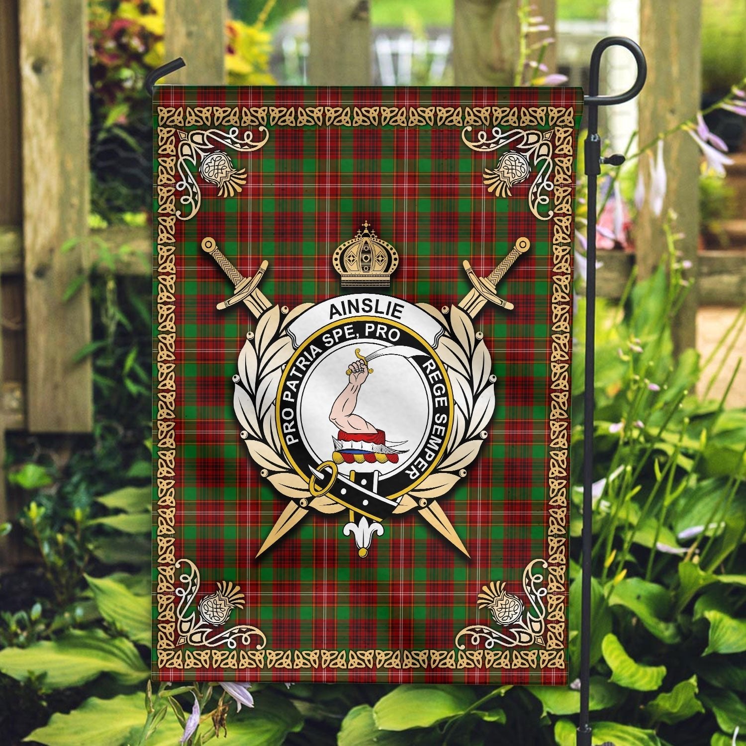 Clan Ainslie Tartan Crest Garden Flag  - Celtic Thistle  NY70 Clan Ainslie Tartan Today   