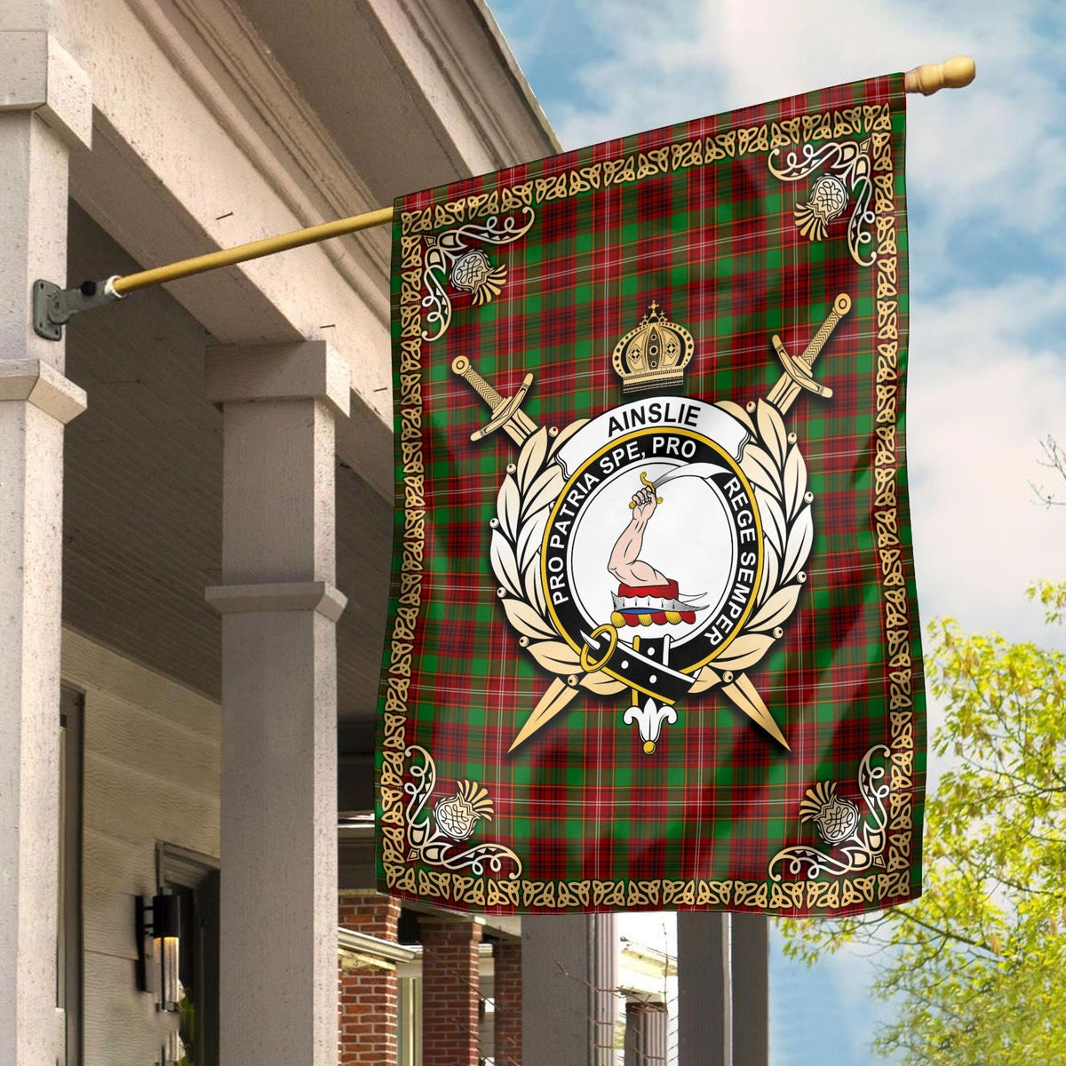 Clan Ainslie Tartan Crest Garden Flag  - Celtic Thistle  NY70 Clan Ainslie Tartan Today   