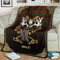 Clan Ainslie Tartan Crest Premium Blanket Celtic Stag Style EX54 Clan Ainslie Tartan Today   