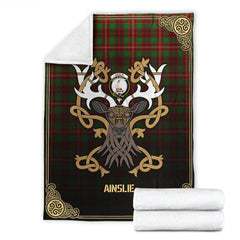 Clan Ainslie Tartan Crest Premium Blanket Celtic Stag Style EX54 Clan Ainslie Tartan Today   