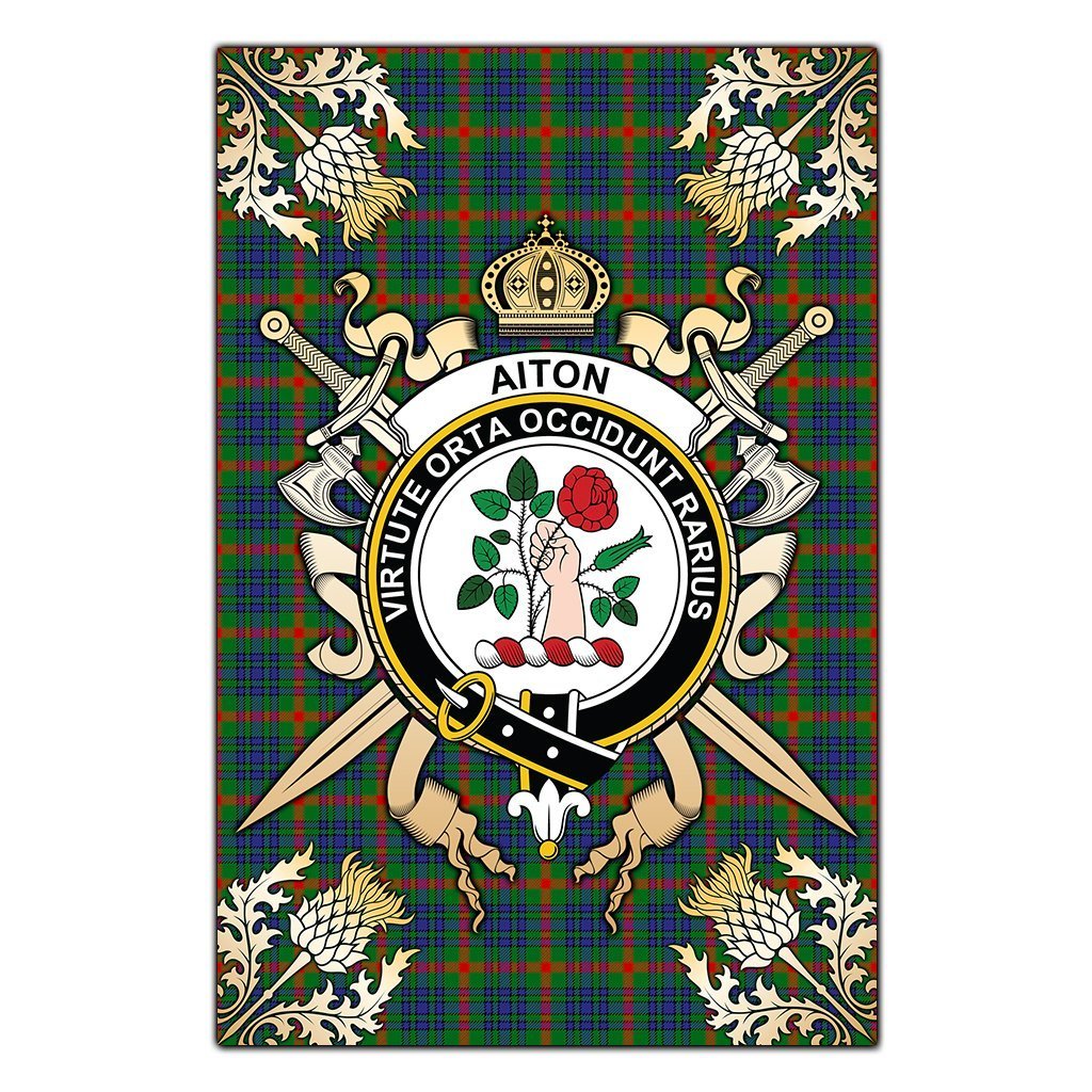 Clan Aiton Tartan Crest Black Garden Flag  - Gold Thistle  VL13 Clan Aiton Tartan Today   