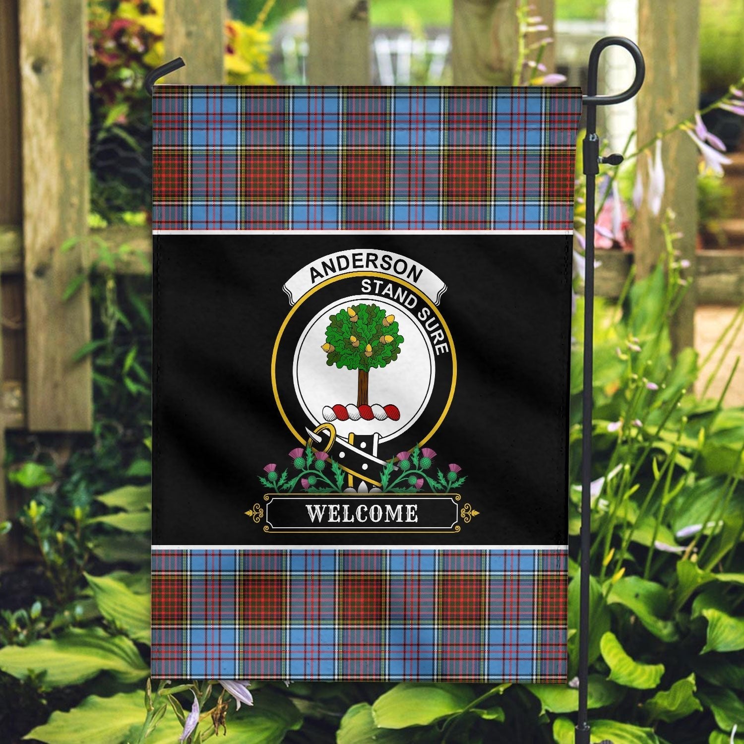 Clan Anderson Modern Tartan Crest Garden Flag  - Welcome  TU79 Clan Anderson Tartan Today   