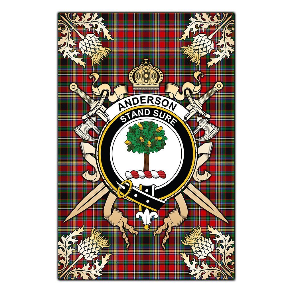 Clan Anderson Of Arbrake Tartan Crest Black Garden Flag  - Gold Thistle  NX23 Clan Anderson Tartan Today   