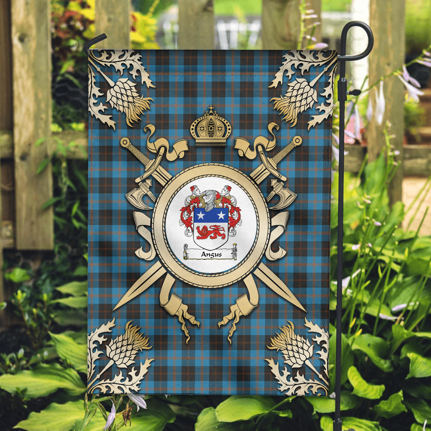 Clan Angus Ancient Tartan Crest Black Garden Flag  - Gold Thistle  QH54 Clan Angus Tartan Today   