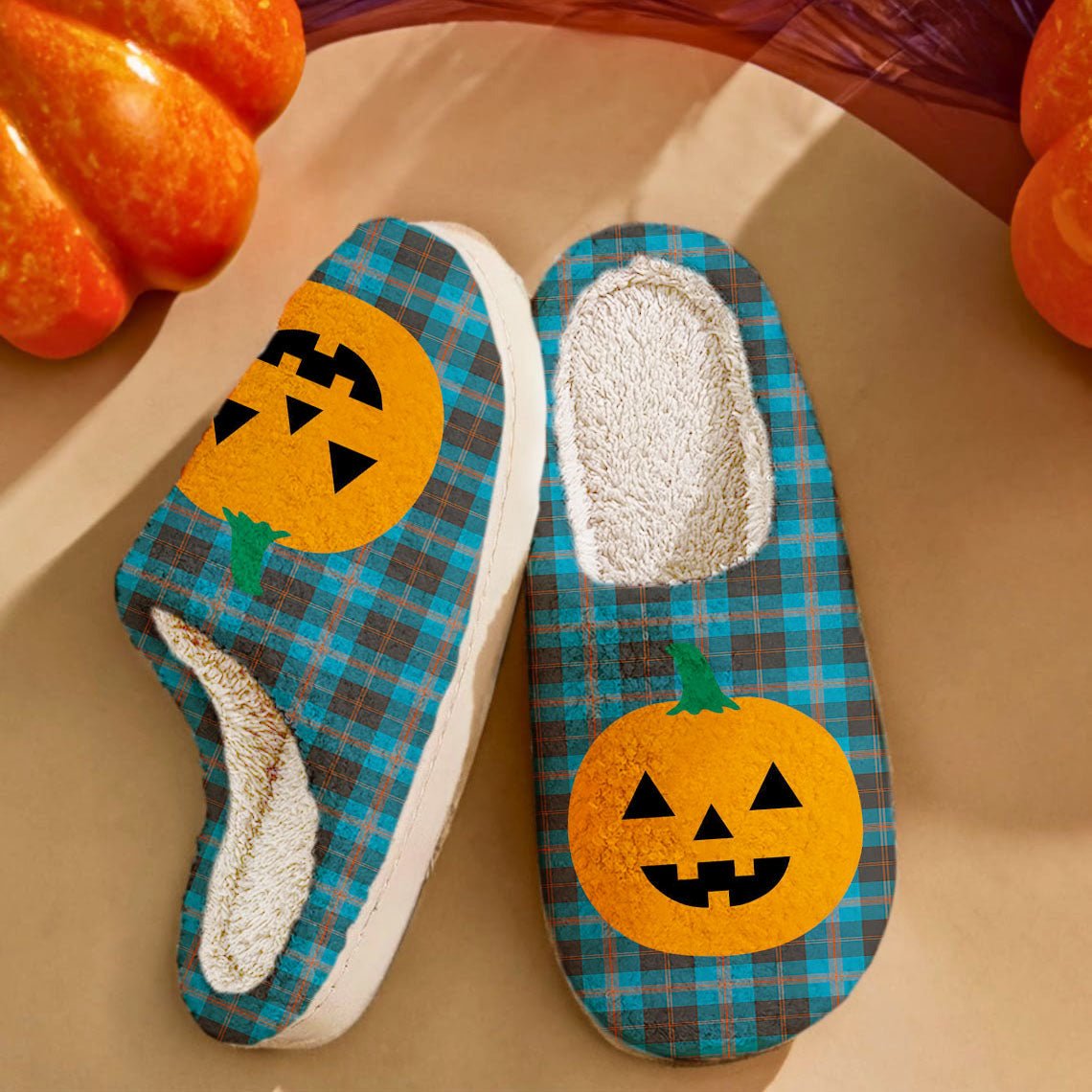 Clan Angus Ancient Tartan Halloween Pumpkin Slippers, Fluffy Spooky Slippers MD40 Angus Ancient Tartan Tartan Halloween   