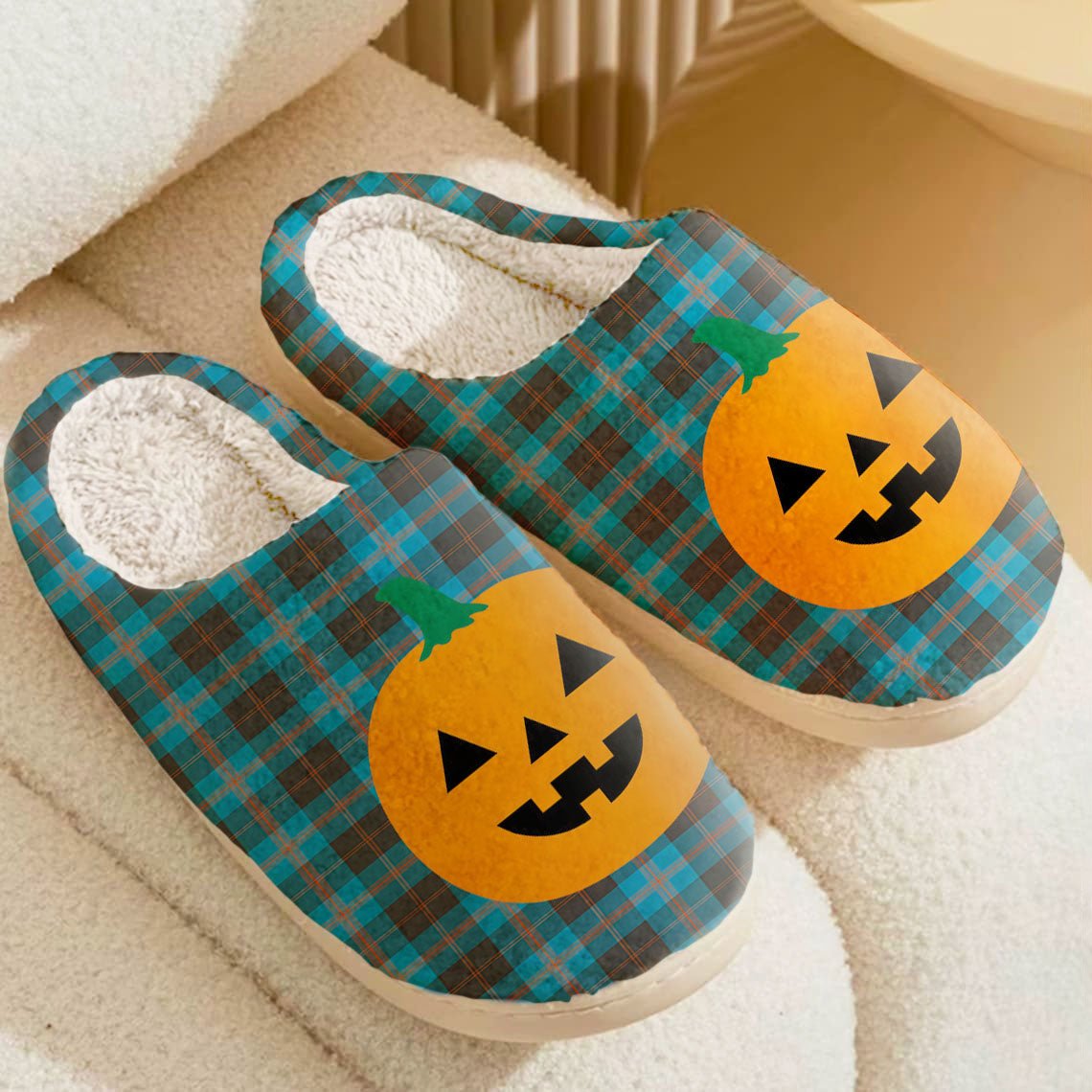 Clan Angus Ancient Tartan Halloween Pumpkin Slippers, Fluffy Spooky Slippers MD40 Angus Ancient Tartan Tartan Halloween   