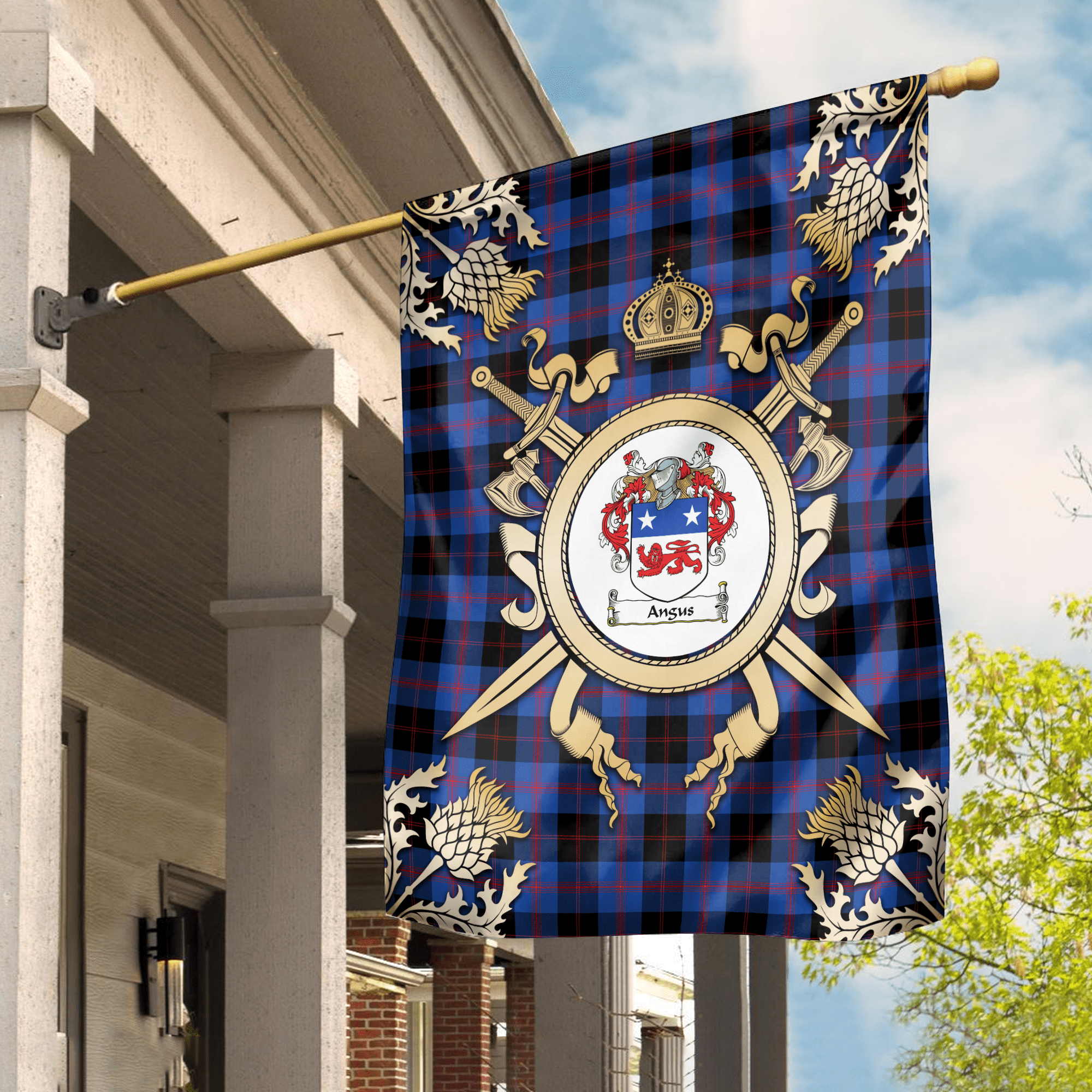 Clan Angus Modern Tartan Crest Black Garden Flag  - Gold Thistle  PY95 Clan Angus Tartan Today   