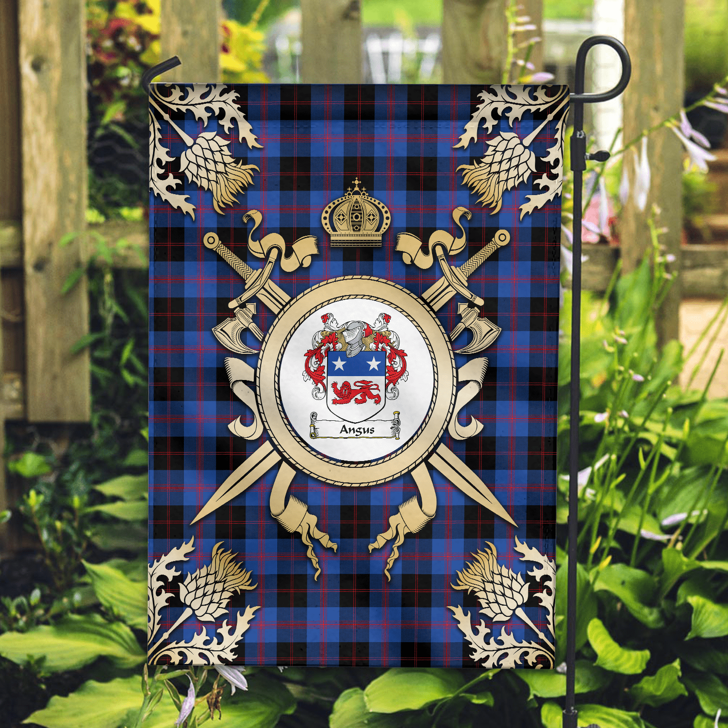 Clan Angus Modern Tartan Crest Black Garden Flag  - Gold Thistle  PY95 Clan Angus Tartan Today   